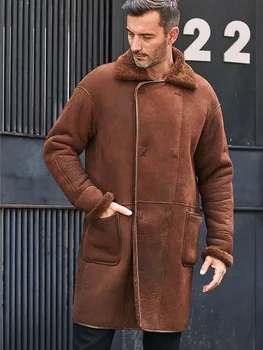 Новое Турецкое пальто из овчины, мужская коричневая кожаная куртка, Длинный тренч, зимняя меховая верхняя одежда