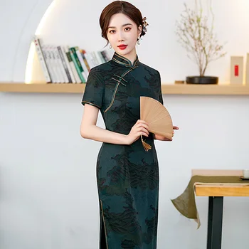 2022 Осеннее новое синее платье Cheongsam средней длины с разрезом, улучшенное вечернее платье в китайском стиле, Тонкое женское платье Ципао для банкета