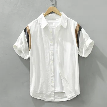 2757 Летняя Модная Мужская Белая Рубашка в Японском Стиле, Шикарная Лоскутная Рубашка с Коротким рукавом, Простые Повседневные Базовые Блузки, Свободные Универсальные Топы