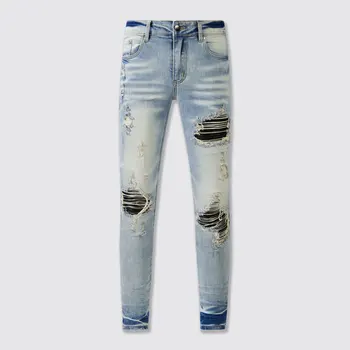 Уличные Модные Мужские джинсы в стиле Ретро, светло-голубые Эластичные Эластичные Обтягивающие Рваные джинсы, Кожаные дизайнерские брюки в стиле хип-хоп с заплатками, Мужские Брендовые Брюки