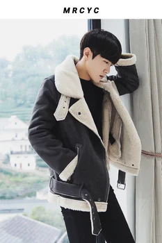 Зима новый мужской теплый меховой воротник Замшевая куртка из искусственной кожи корейские мужчины мотоцикл, пальто ягненка, хлопок верхняя одежда