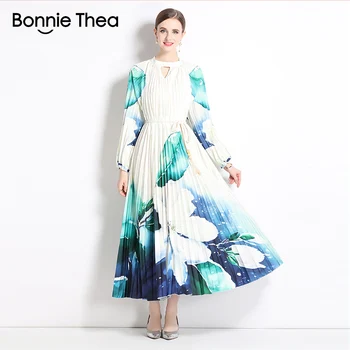 Макси-платье Bonnie Thea, Осеннее Элегантное плиссированное платье с принтом, Женское Свободное платье с длинным рукавом Большого Размера, винтажные вечерние платья