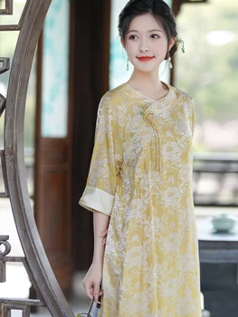 Женское платье в китайском национальном стиле из атласа без воротника, Улучшенный Свободный Длинный халат