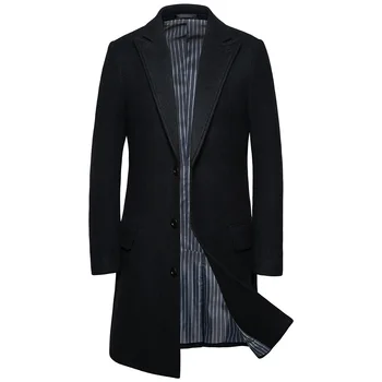 Шерстяное длинное пальто Мужское теплое черное пальто Мужское стильное шерстяное мужское пальто зимнее