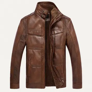 2022 Men Velvet Jacket Vintage Stand Collar Faux Leather Thick Fleece Lined Zip Windproof  jackets for Men куртка зимняя мужская
