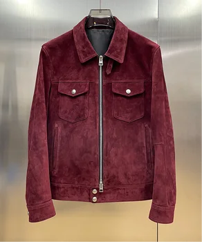 Бордово-красная замшевая куртка, мужское короткое замшевое пальто с лацканами