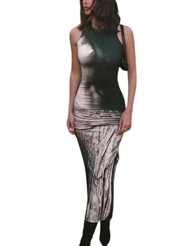 Женское Длинное Облегающее платье с модным принтом, круглый вырез, без рукавов, Обтягивающее платье, Летнее Вечернее платье с разрезом сбоку