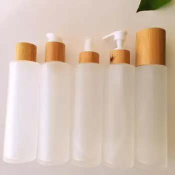 Роскошные бутылки из бамбукового дерева, покрытые колпачком для насоса, колпачок для шампуня, бутылки из матового стекла, контейнер для макияжа