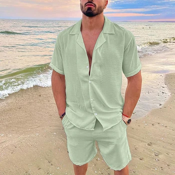 Мужские летние повседневные свободные комплекты из двух предметов, пляжный однотонный хлопковый льняной мужской костюм, рубашка с коротким рукавом и шорты на пуговицах, офисная одежда