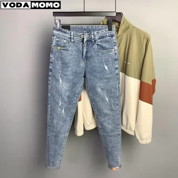 Модные дизайнерские мужские джинсы в стиле Ретро, стрейчевые, приталенные, с росписью, рваные джинсы, Мужские повседневные джинсовые брюки в корейском стиле, уличная одежда
