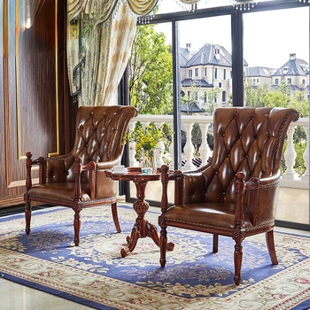Кожаный односпальный диван-кресло Вилла Гостиная Роскошная Мебель из массива дерева Tiger Европейская Мебель для Отдыха