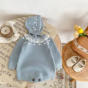 Голубые боди для маленьких девочек, Шапки, Одежда, Осень-зима, Трикотажные хлопковые комбинезоны с длинными рукавами для новорожденных, одежда для малышей