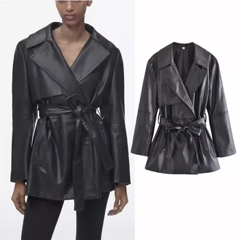 Женская черная куртка из искусственной кожи Большого размера с поясом, Осеннее пальто с длинным рукавом и отложным воротником, Женская ветровка, зимнее пальто