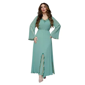 2023, Летний модный стиль, мусульманские женские длинные платья из полиэстера с V-образным вырезом и длинным рукавом, Абайи для женщин, мусульманское платье