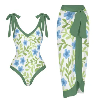 Женский зеленый купальник с цветочным принтом, 2 предмета, сексуальный купальник с плоским вырезом, пляжная одежда для отдыха, Летняя одежда для серфинга, Модное Бикини, Домашняя одежда