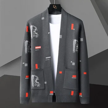 модный высококлассный роскошный вязаный кардиган мужской 2023 осенний новый свитер с персонализированным принтом, шаль, корейское повседневное вязаное пальто