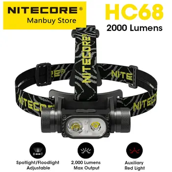 NITECORE HC68 Светодиодный Налобный фонарь 2000 Люмен, USB Перезаряжаемая Фара, Регулируемый Прожектор, Двойной луч, литий-ионный аккумулятор 18650