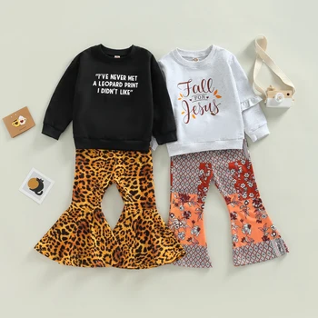Детская одежда, топы с длинными рукавами и буквами для девочек и леопардовые повседневные комплекты брюк-клеш для малышей